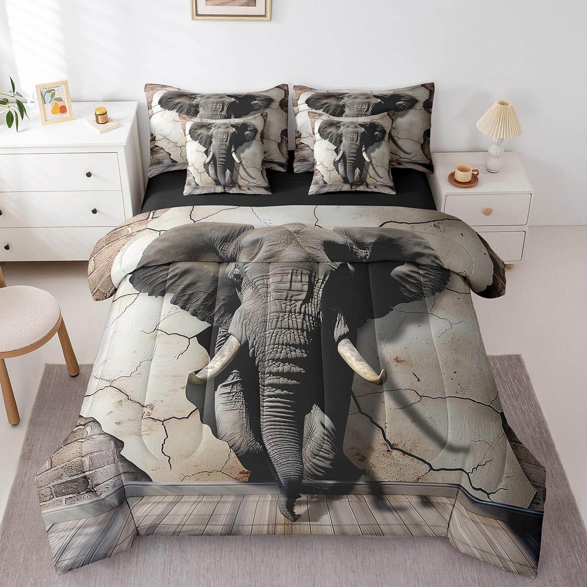 Erosebridal Elephant Bedding Set Full 7 Piece,African Safari Animal Comforter Set with Sheet Set Wildlife Bed in A Bag with Throw Pillow Cover,Retro Wall Decor Reversible Bed Set