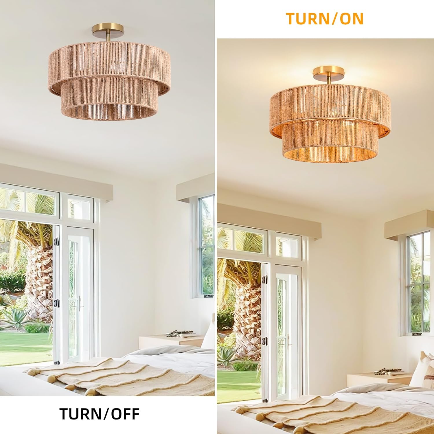 18''Boho RattanCeiling Light，Handwoven Semi Flush Mount Fixture for Bedroom,Living Room, Kitchen, Hallway, Dining Room