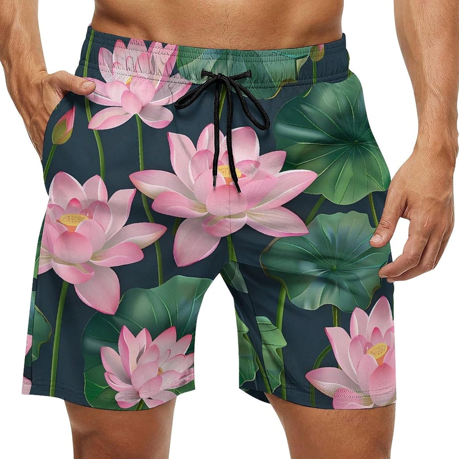 Lotuses Flowers Casual Men's Swim Trunks Novelty Summer Beach Shorts Swimwear with Pocket