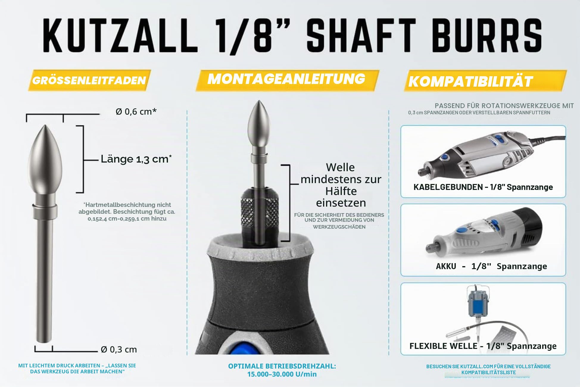 Kutzall 4-tlg. Rotationsfräser-Set - ⅛" Schaft, sehr grob - Holzbearbeitungsaufsatz für Dremel, Foredom, Ryobi, DeWalt, Milwaukee Werkzeuge - Strukturiertes Wolframkarbid