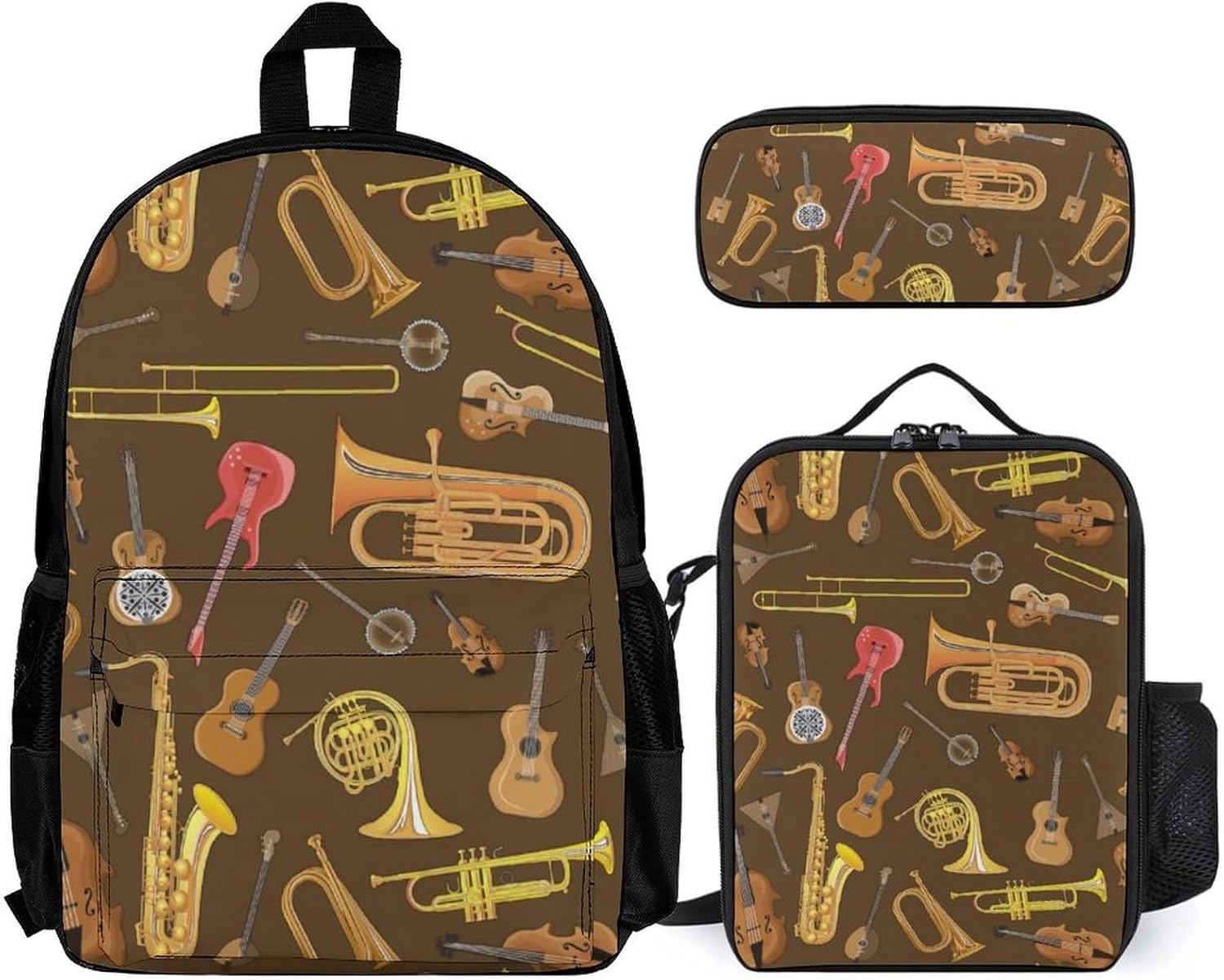 Trumpet Musical Instrument Pattern 3 Piece Backpack Sets With Lunch Bag Pencil Case Combination Hiking Travel Work