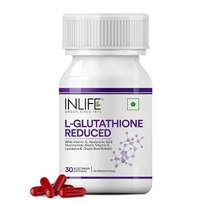 INLIFE L-Glutathione Reduced 500mg | Grape Seed Extract, Vitamin C, Hyaluronic Acid, Niacinamide, Vitamin E, Lycopene & 