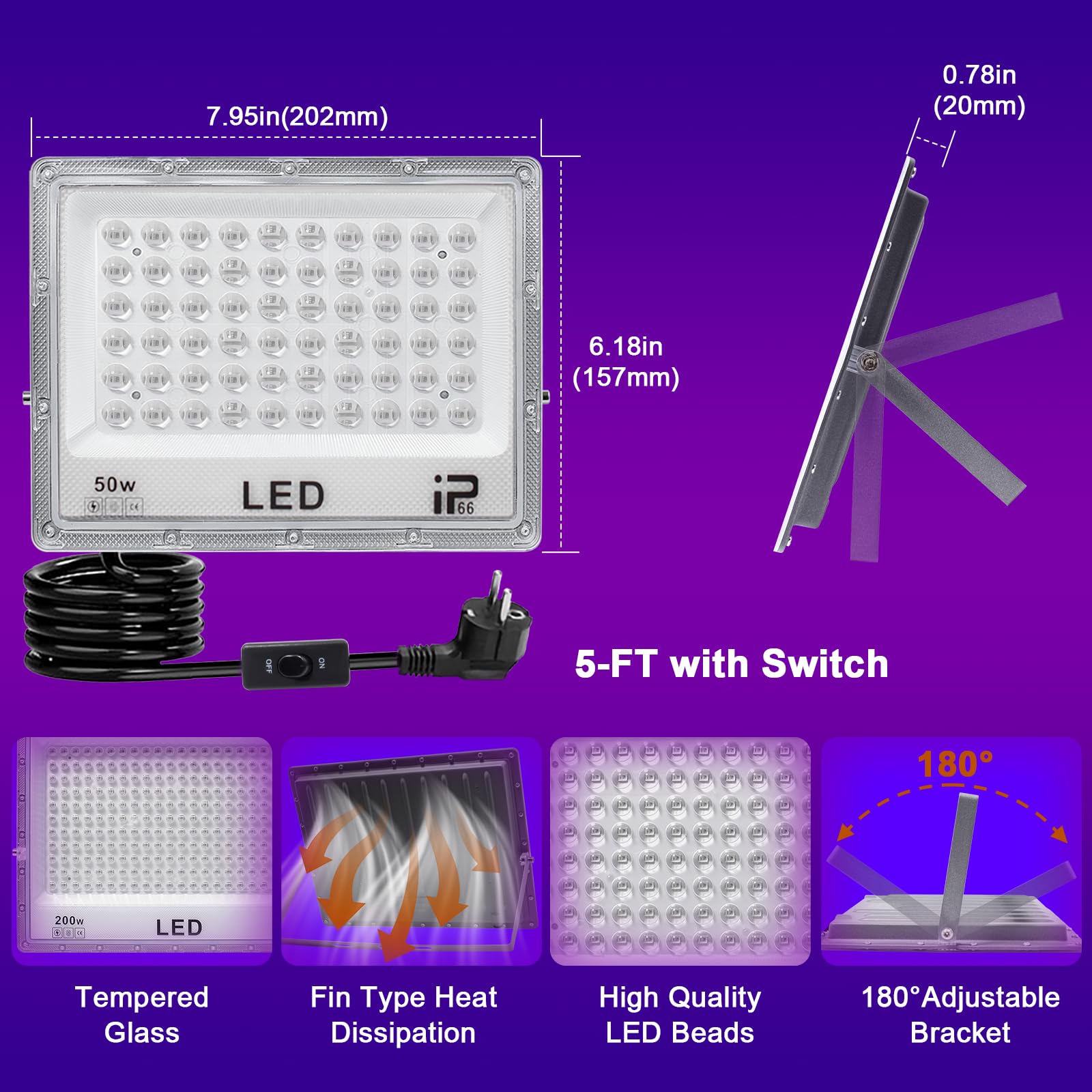 Luce UV LED 50W, Luce Nera uv 395-405nm, Faretto UV LED, Impermeabile IP66 Lampada ultravioletta, Faro uv per Festa fluorescente Halloween Natale Pittura del corpo