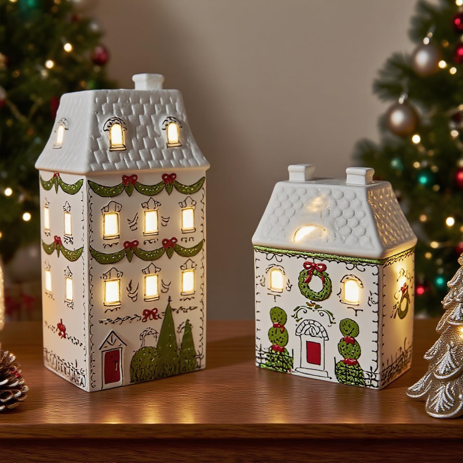 Cynkeyee Weihnachtsdorfhäuser, Party-Dekorationen, Weihnachtshaus-Dekoration, weiße Keramik-Dekorationen, Innenregal, Tischdekoration, 10,2 x 8,9 x 21,6 cm