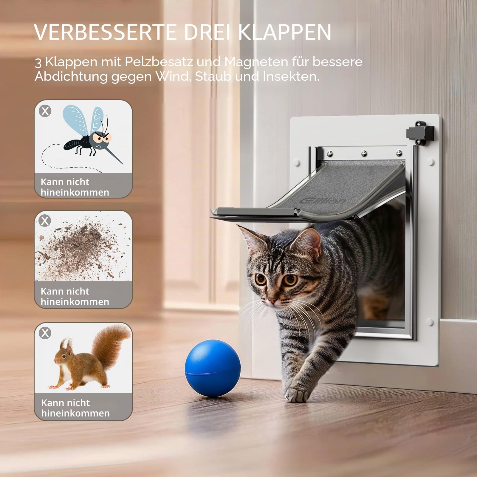 Hundewand Katzentür für Außenwand, 3 Klappen, Ganzmetallrahmen und Teleskop-Tunnel, Tiere bis 6,8 kg (klein)