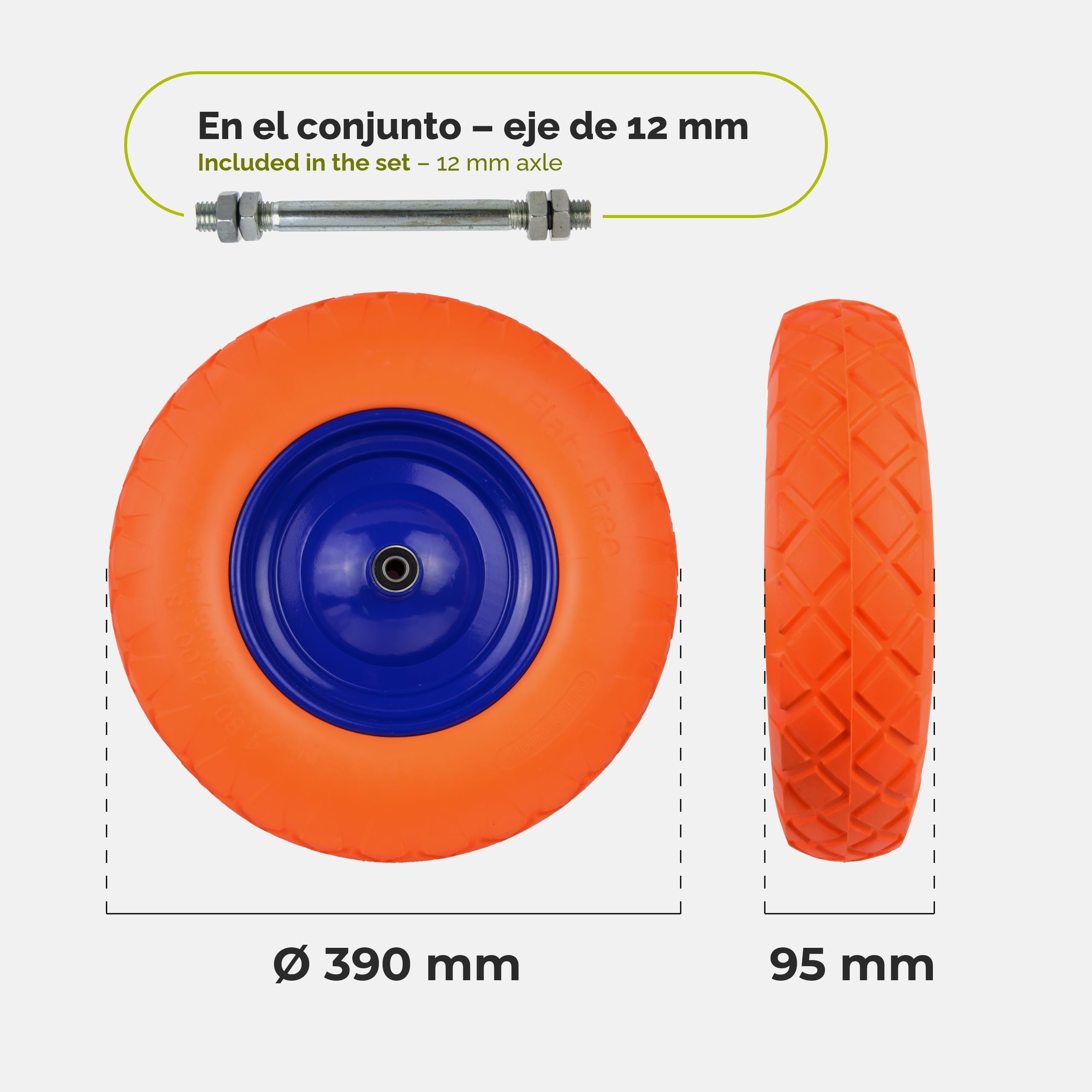 Garronda 2X Ruedas PU Antipinchazos 4.00-8 Eje 12 mm Naranja GD-0165 | Ruedas macizas PU con llanta de acero y doble rodamiento, carga hasta 100 kg; para carretillas de jardín, obra y transporte
