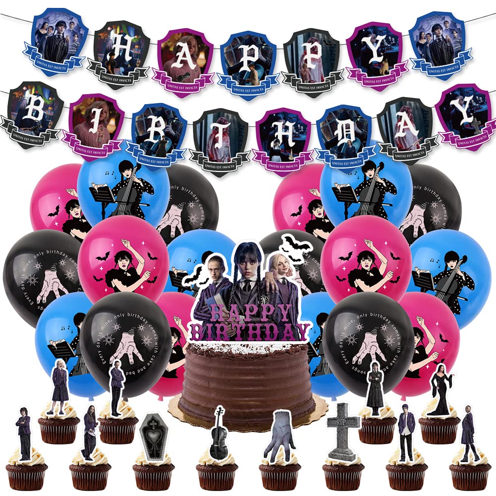 Wednesday Theme Ballons Decoration, LKNBIF 34 Pcs Wednesday Party Supplies, Wednesday Birthday Decorations Happy Birthday Banner Cake Toppers Cartoon Balloon Baby Shower for Kids