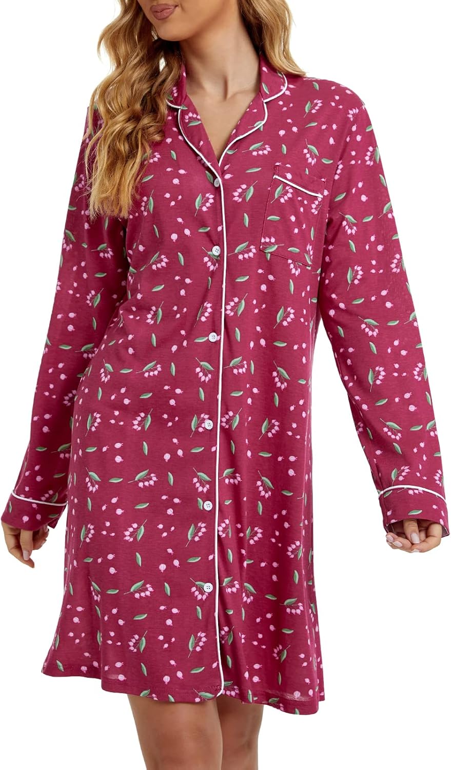 Tugege Nightgowns for Women Sleepwear V-Neck Button Down Night Shirt Long Sleeve Printed Pajamas Sleepshirts - Image 2