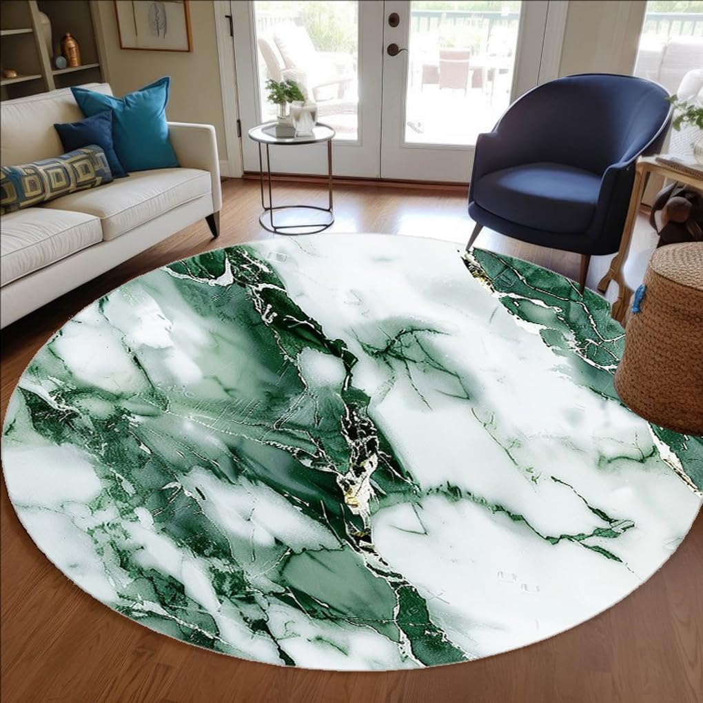 Green White Marble Pattern Modern Abstract Round Area Rug 6ft Washable Fuzzy Wool Soft Large Circular Rug for Livingroom Bedroom Diningroom Art Deco