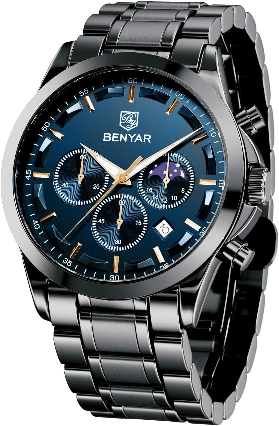 BENYAR Men's Watches Waterproof Sport Military Watch for Men Multifunction Chronograph Black Fashion Quartz Wristwatches Calendar with Leather Strap