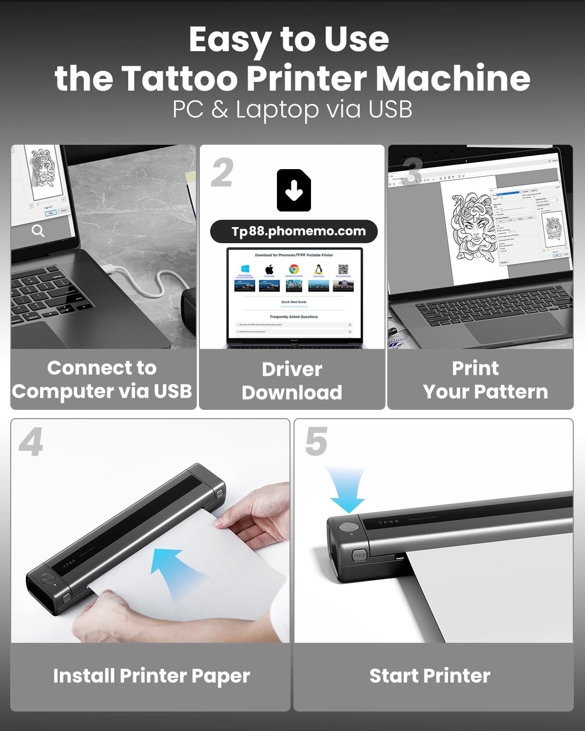 Phomemo Termocopiadora Tattoo, TP88 Impresora Termica Tattoo, A4 Impresora de Tatuajes Portatil, Stencil Tattoo Printer con 10 Hojas de Papels Transfer Tattoo para Smartphone, Tablet PC