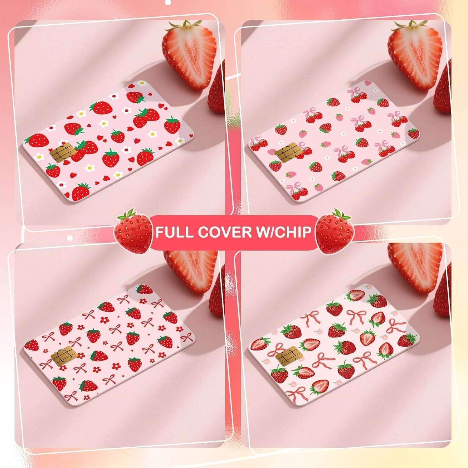 4Pcs Credit Card Skin, Credit Card Stickers for Girl, Pink Strawberry Design for Gift,Cute Waterproof Skins Cover for Bank, EBT, Key, Transportation (3) image 3
