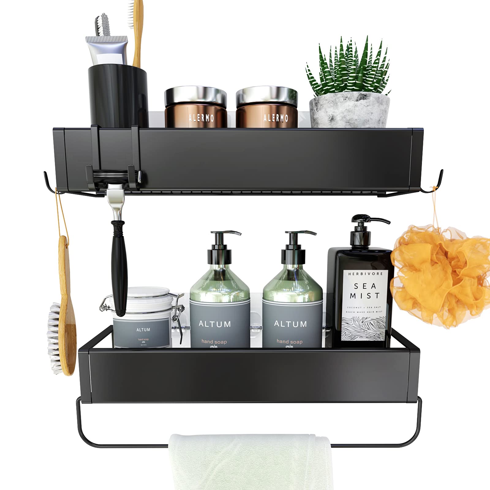 Cesta de ducha de acero inoxidable montada en la pared, soporte para champú, estante de ducha adhesivo, estante de baño sin taladrar con ganchos, soporte para especias de cocina, paquete de 2
