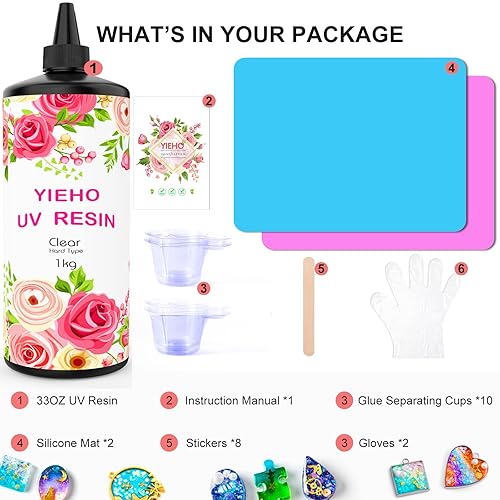 Vista 20 de Kit de resina UV de 17.64 oz - Resina epoxi de curado rápido UV transparente a granel con alfombrilla para fabricación de joyas artesanales