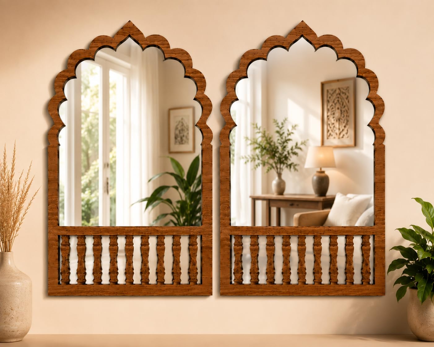 Mughal Arch Acrylic Mirror Wall Decor Set of 2 | 12 x 16 Inch Decorative Wooden Wall Mirrors | Premium MDF Frame | Boho, Vintage & Traditional Wall Hanging for Living Room, Bedroom, Hallway-image-44