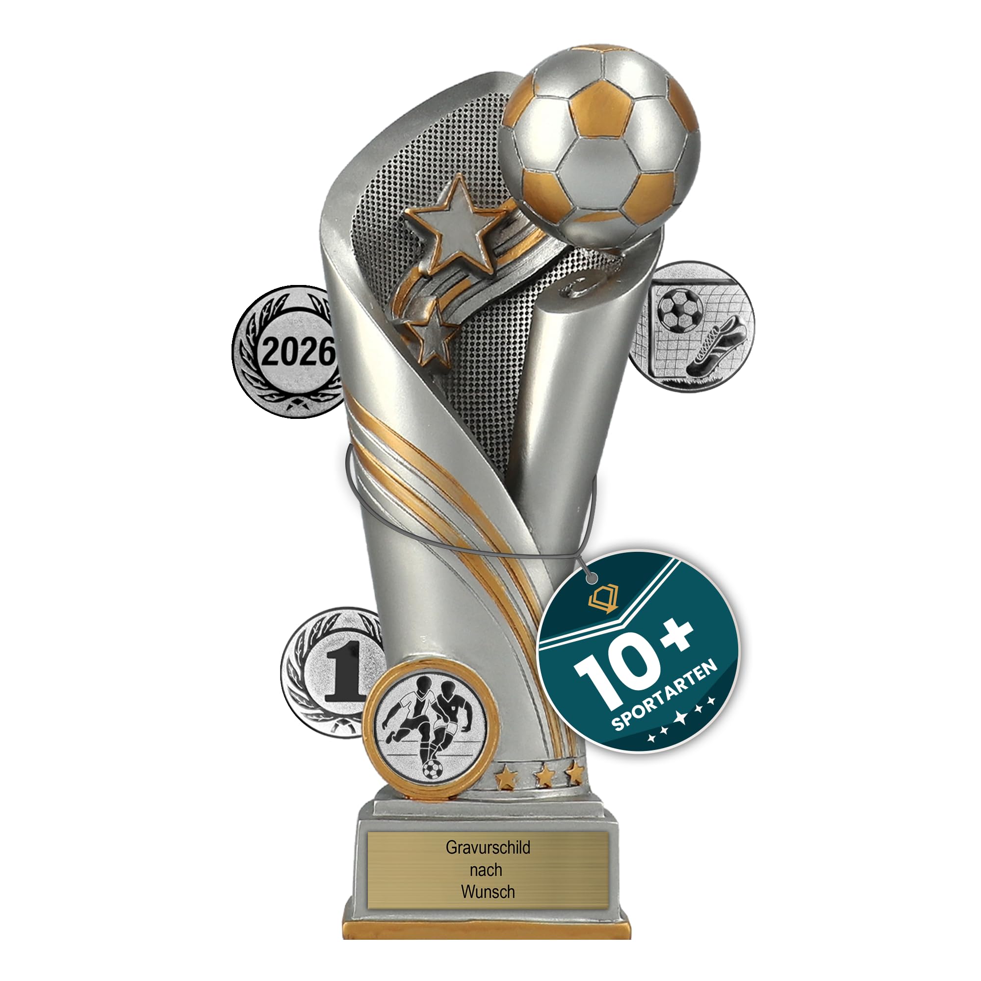 Pokal-Fabrik - Fussball Pokal mit Gravur Wunschtext & Sportemblem - Einzeln / 3er Set - Gold/Silber Resin Trophäe – personalisierte Auszeichnung für Fußball WM, Sport Events & Wanderpokal