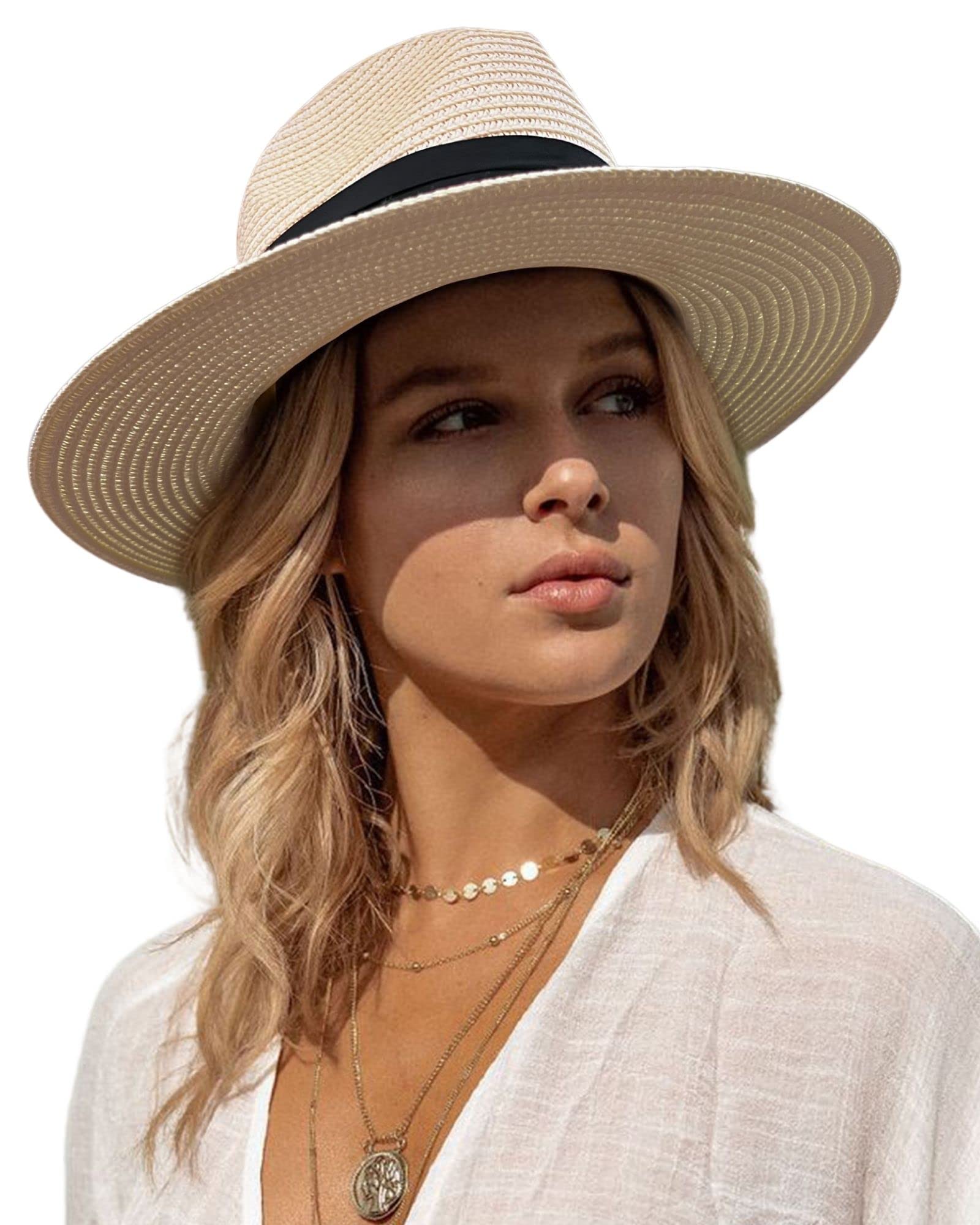 accsa Sombrero de Paja para Mujer y Hombre Ajustable Sombrero de Panamá para Playa Sombrero Fedora de Verano con ala Ancha Plegable Sombreros para el Sol Anti-UV para Viajes al Jardín