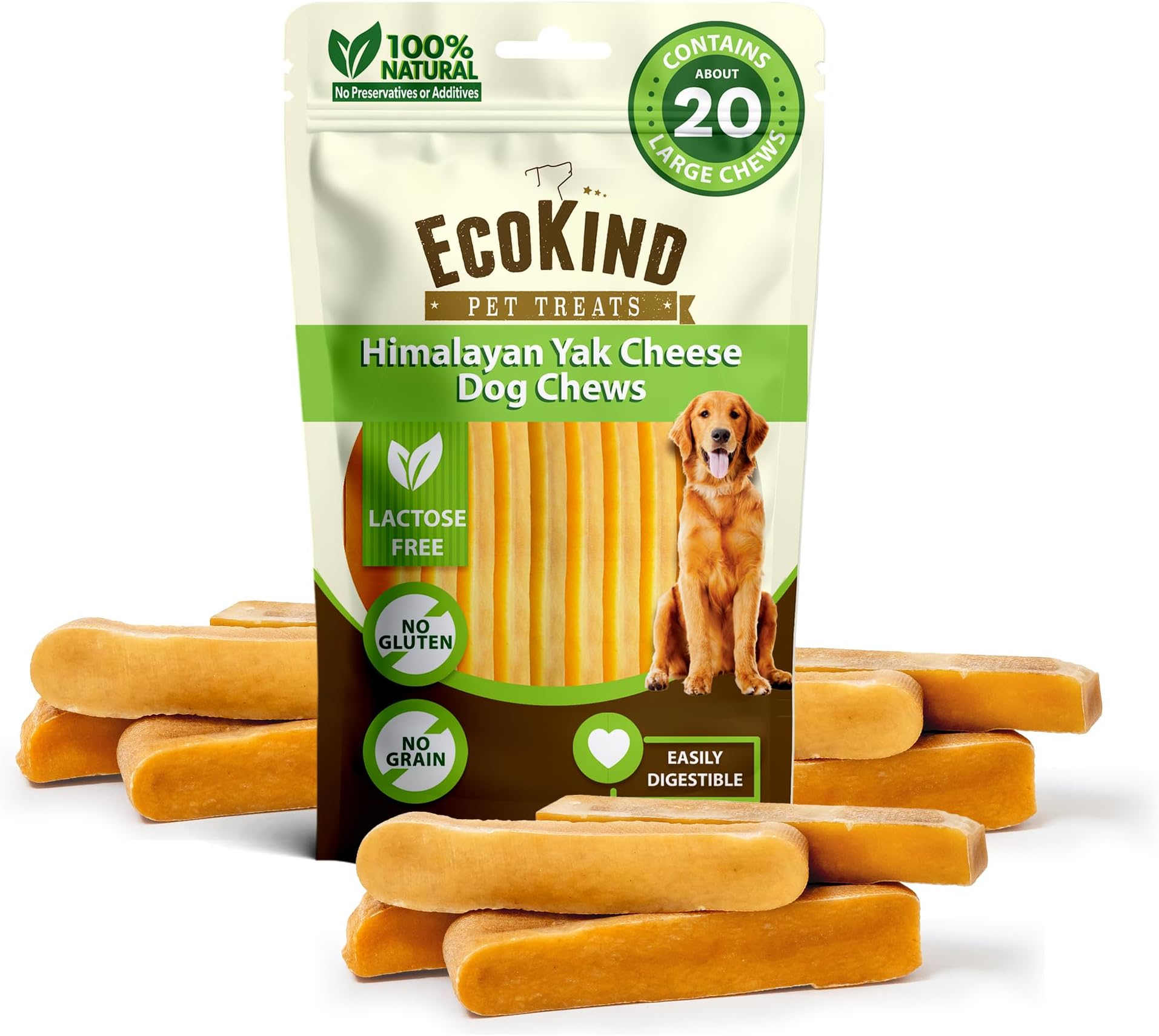 - EcoKind Premium Gold Yak Cheese Himalayan Dog Chews, Dog Treats Large Breed, All Natural, High Protein Dog Chew, Cheese, Large - 18+ Chews