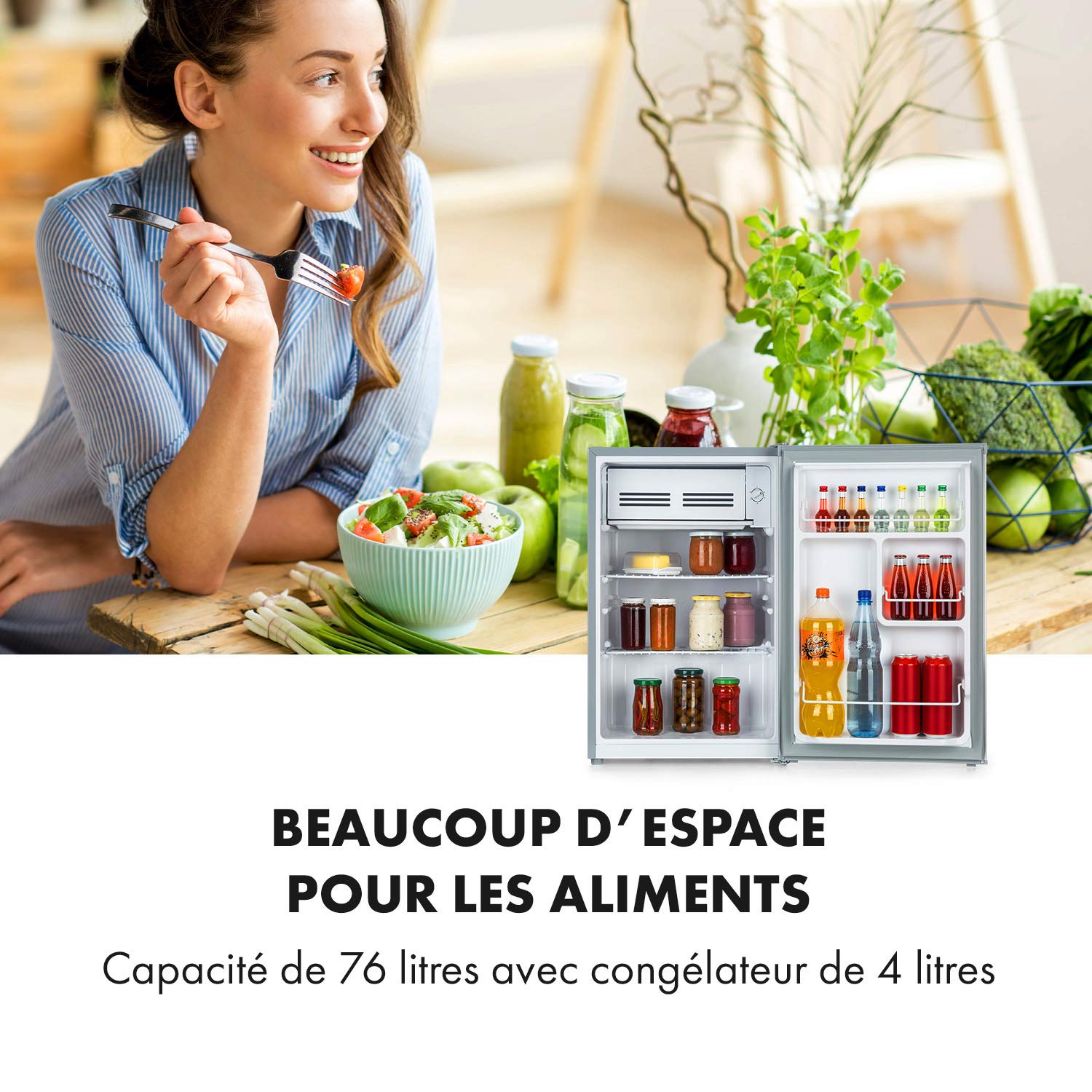 KLARSTEIN Delaware - Réfrigérateur compact, Capacité: 76 L, Congélateur: 4L, 2 niveaux de rangement, Range-boissons, Econome, Thermostat à 5 niveaux, Pieds réglables - Argent