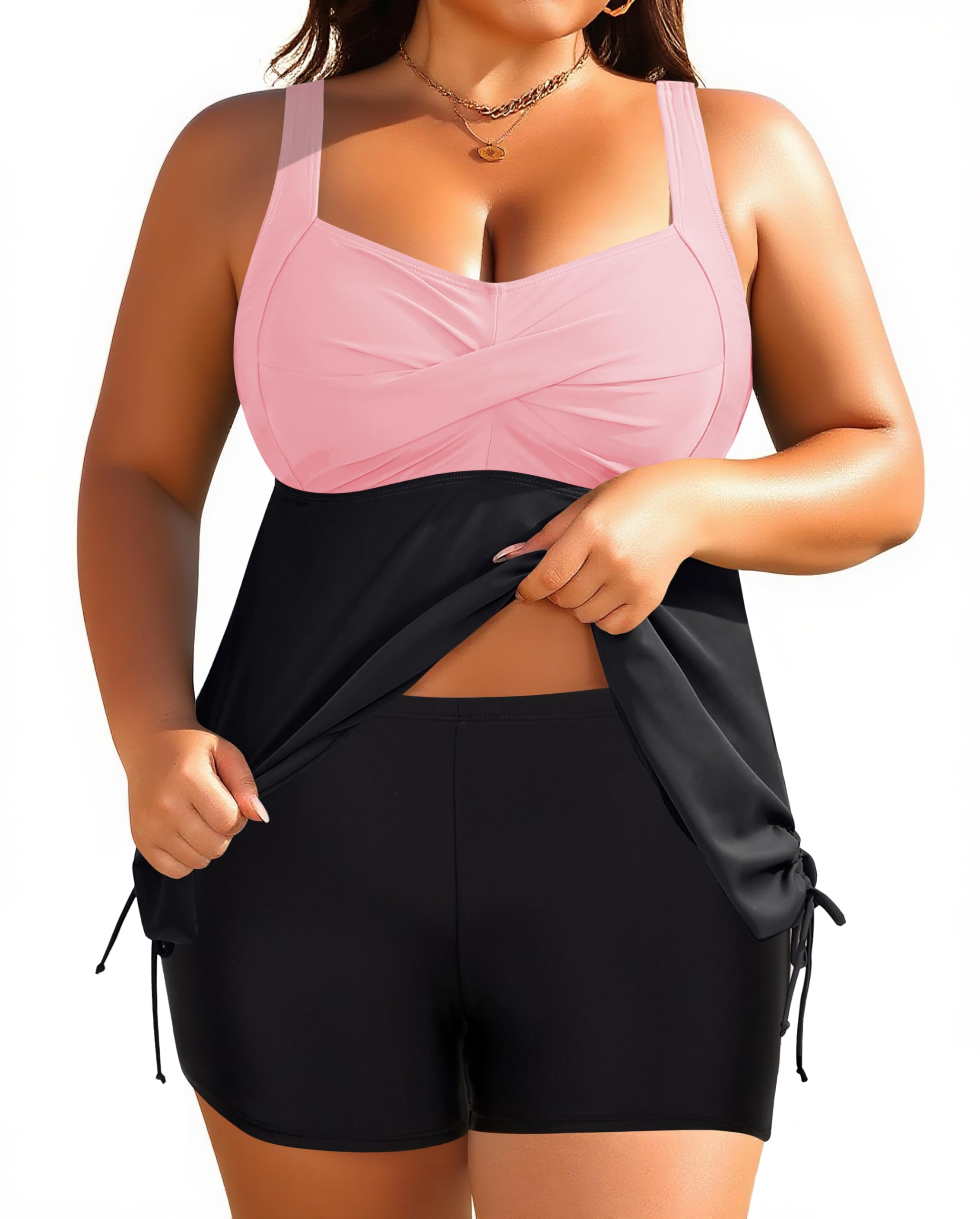 Women Plus Size Tankini Swimsuit Two Piece Flowy Swimdress Bathing Suits with Shorts, Pink and Black, 26 Plus-image-33