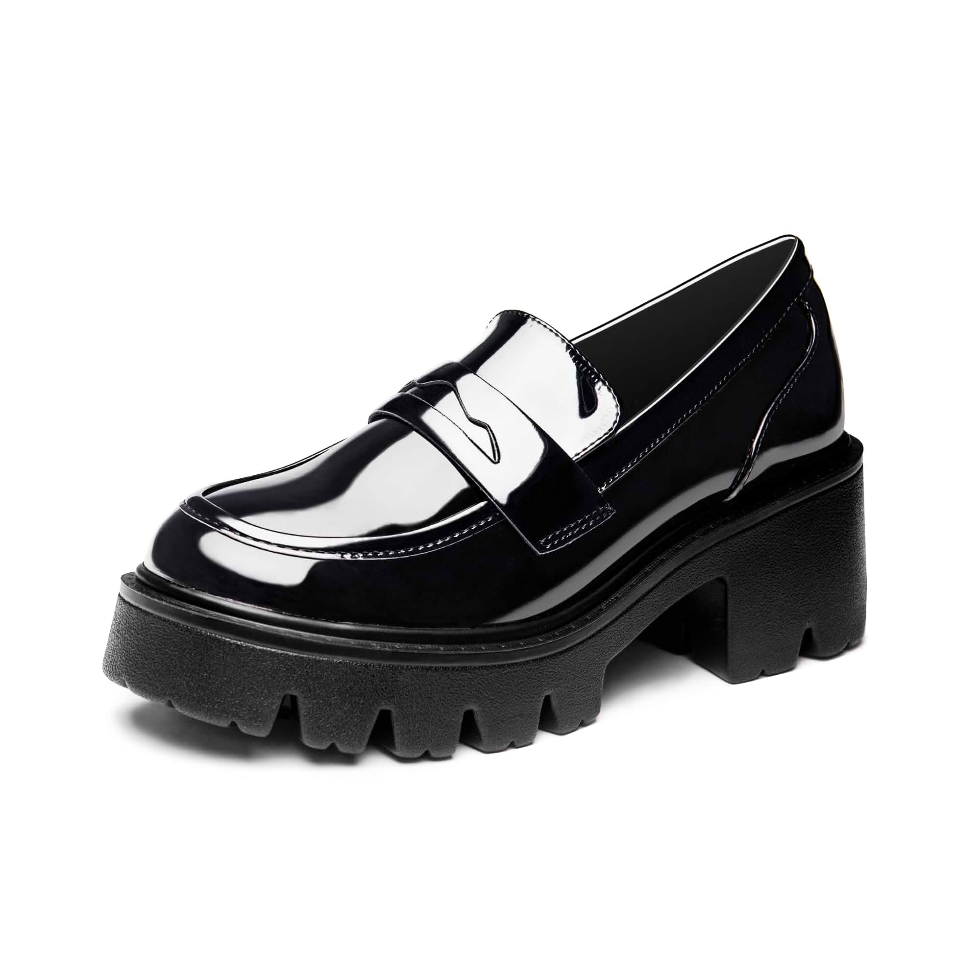 Black Penny Loafers for Women - Women's Slip-On Platform Patent Leather Loafers, Chunky Comfort Shoes for Work & Dressy Occasions