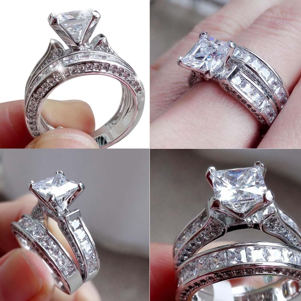 Couple Ring Bridal Set His Hers Women White Gold Filled CZ Men Stainless Steel Wedding Ring Band Set