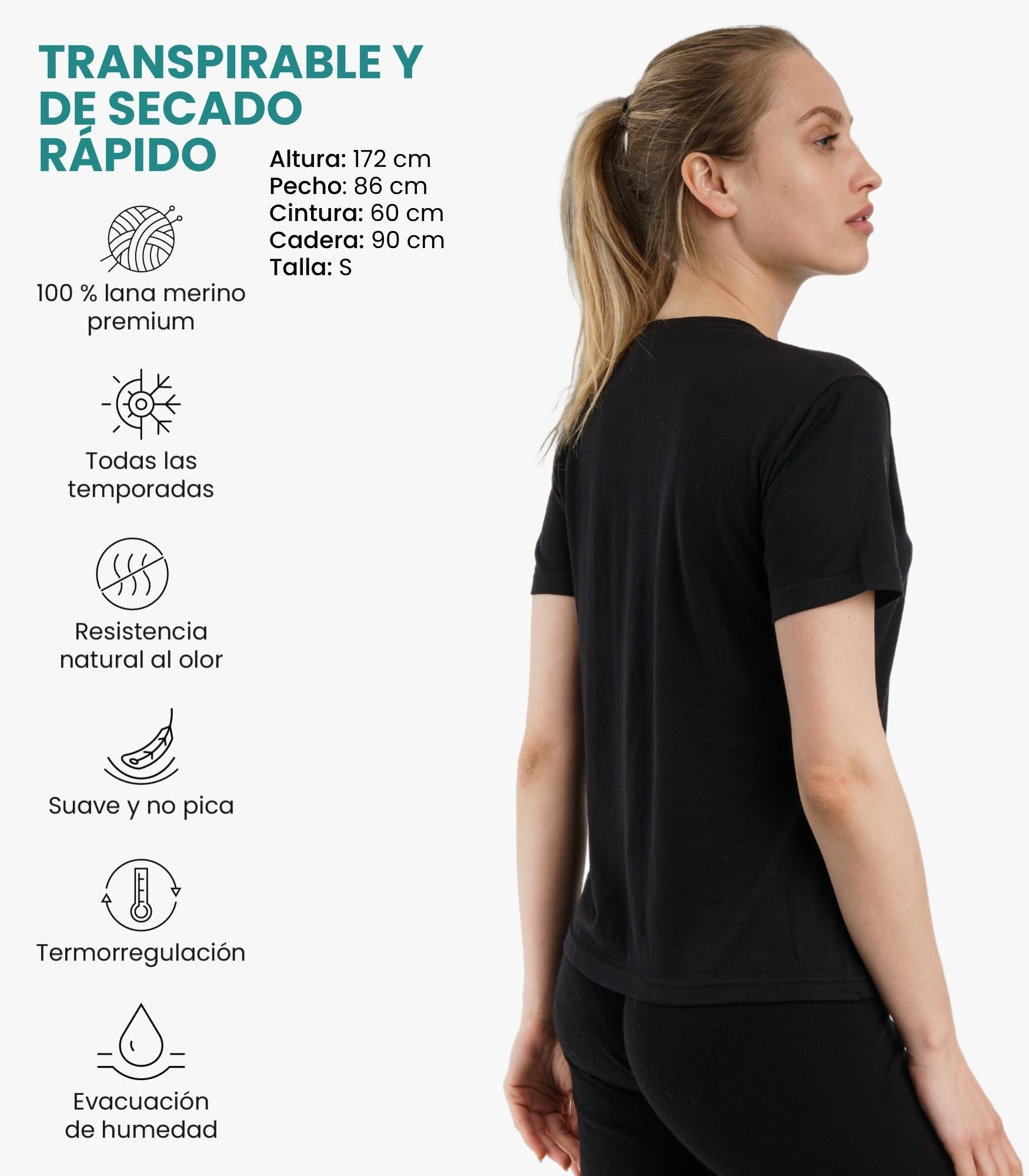 Merino.tech Camiseta Termica Ropa Interior - 100% Lana Merino (Negro Sólido, Small)