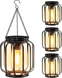 Solar Hanging Lanterns Outdoor Waterproof: 4 Pack Metal Solar-Powered Li...