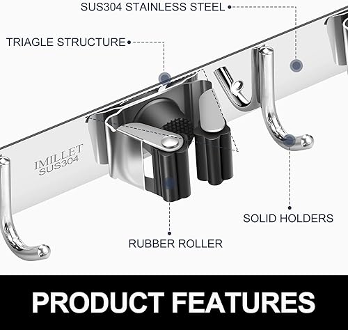 Miniatura 2 de IMILLET Soporte para escoba y fregona montado en la pared, soporte para escoba de acero inoxidable, soporte para fregona, organizador de