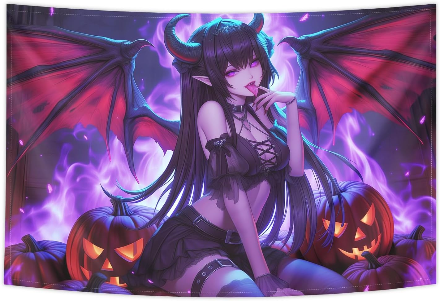 kubaricasy Dark Fantasy Anime 2026 Halloween Purple Bat Wing Succubus Tapestry Wall Hanging, Gothic Demon Waifu Game Room Backdrop, Battle Station Backdrop & Mancave, 150 x 100 cm 60"x40"