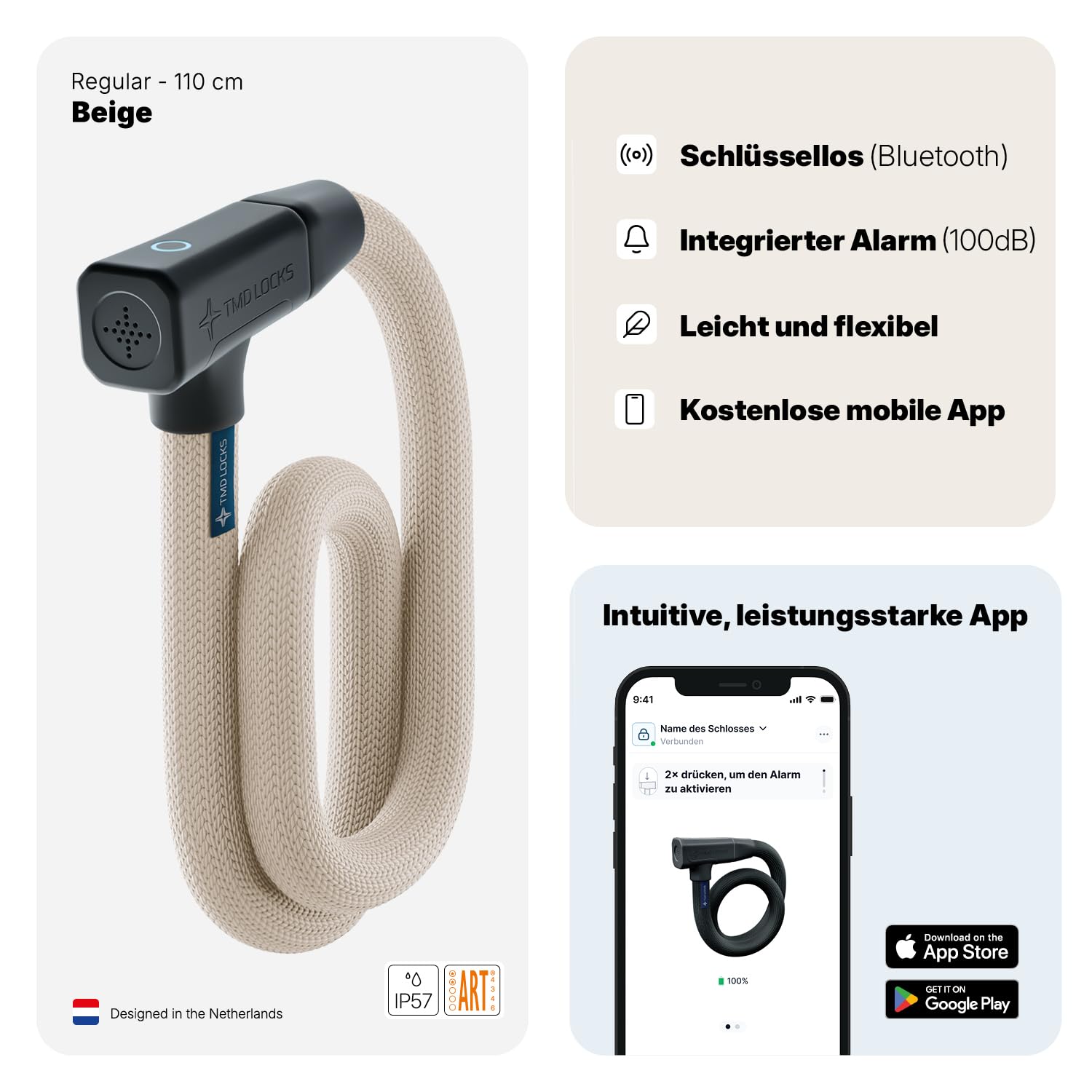 TMD Smart - Lucchetto a catena Keyless con allarme da 100 dB, certificato ART 2, app Bluetooth, antifurto per e-bike, con custodia in silicone, 70 cm, beige