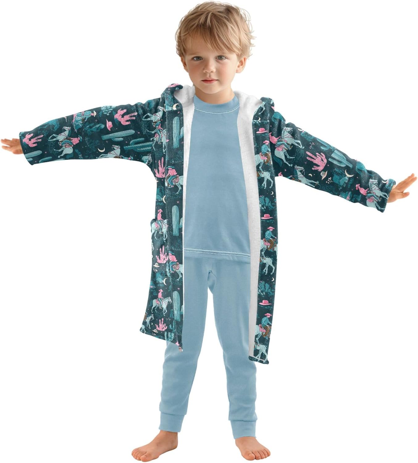 Cowboys Horses and Cactus Bathrobe Hooded PJ Robe Soft Fleece Robe Pajama Sleepwear 2-12 Years