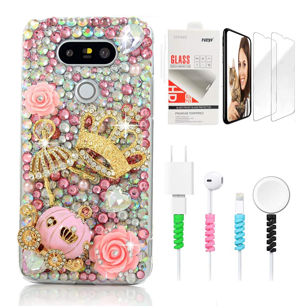 STENES Bling Case Compatible with LG Stylo 5 / Stylo 5V / Stylo 5 Plus - Stylish - 3D Handmade Sparkle Crown Ballet Girls Pumpkin Car Rose Flowers Cover with Screen Protector & Cable Protector - Pink