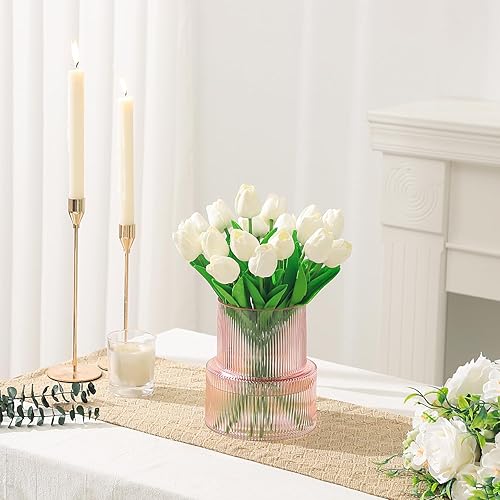 Miniatura 2 de Jarrón de vidrio rosa, jarrón de vidrio acanalado, jarrones de flores para ramo, jarrones acanalados para sala de estar, mesa de comedor, entrada,