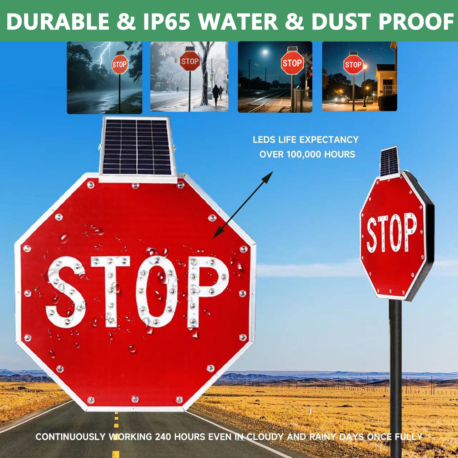 Señal de Stop LED Solar con Luces Intermitentes LED para señalización de tráfico en estacionamientos, garajes, almacenes y Obras de construcción, señal de Advertencia de