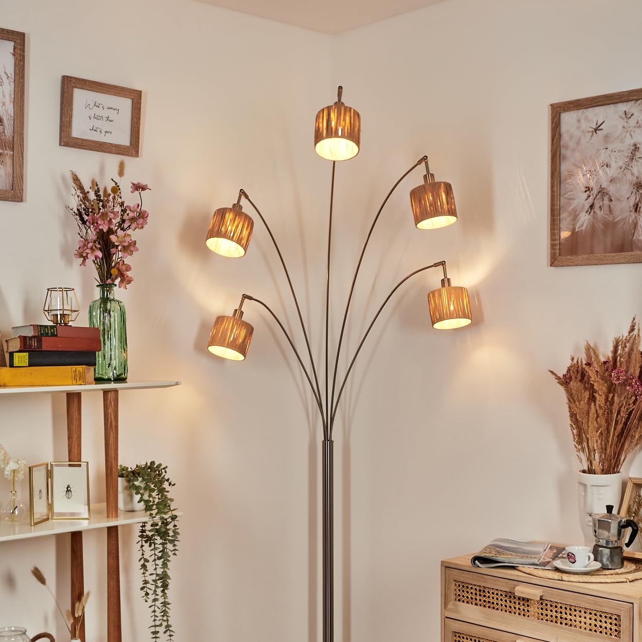 HOFSTEIN Stehleuchte Granja, moderne Stehlampe mit Marmorfuß aus Metall/Bast in Schwarz/Nickel-matt/Naturfarben, verstellbare Leuchte mit Fußschalter, E14, Wohnzimmer, Schlafzimmer, Flur