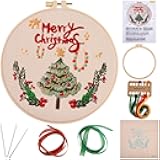 CABODYALS Christmas Tree Hand Embroidery Starting Kit Cross Stitch Kits with Hoop Easy Stamped Merry Xmas Needlepoint Threads Instruction Sets for Adults Beginners Diy Stitches Starter Practice Crafts
