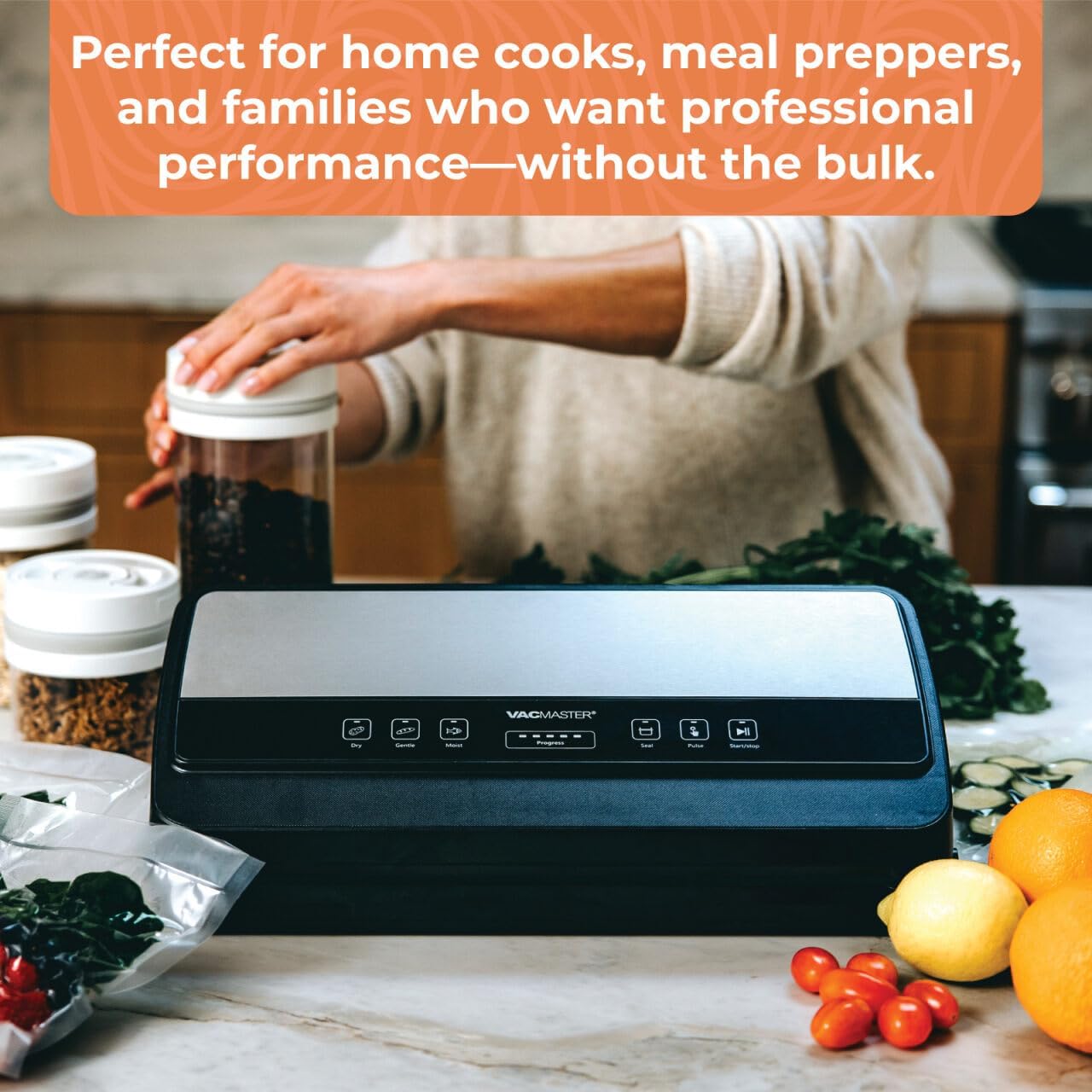 VacMaster Sidekick Vacuum Sealer Machine with Dual Piston Pump, Built-In Roll Storage & Bag Cutter, Wet & Dry Food Sealing, Includes Hose for Canisters & Mason Jars, 12” Seal Bar, 110V