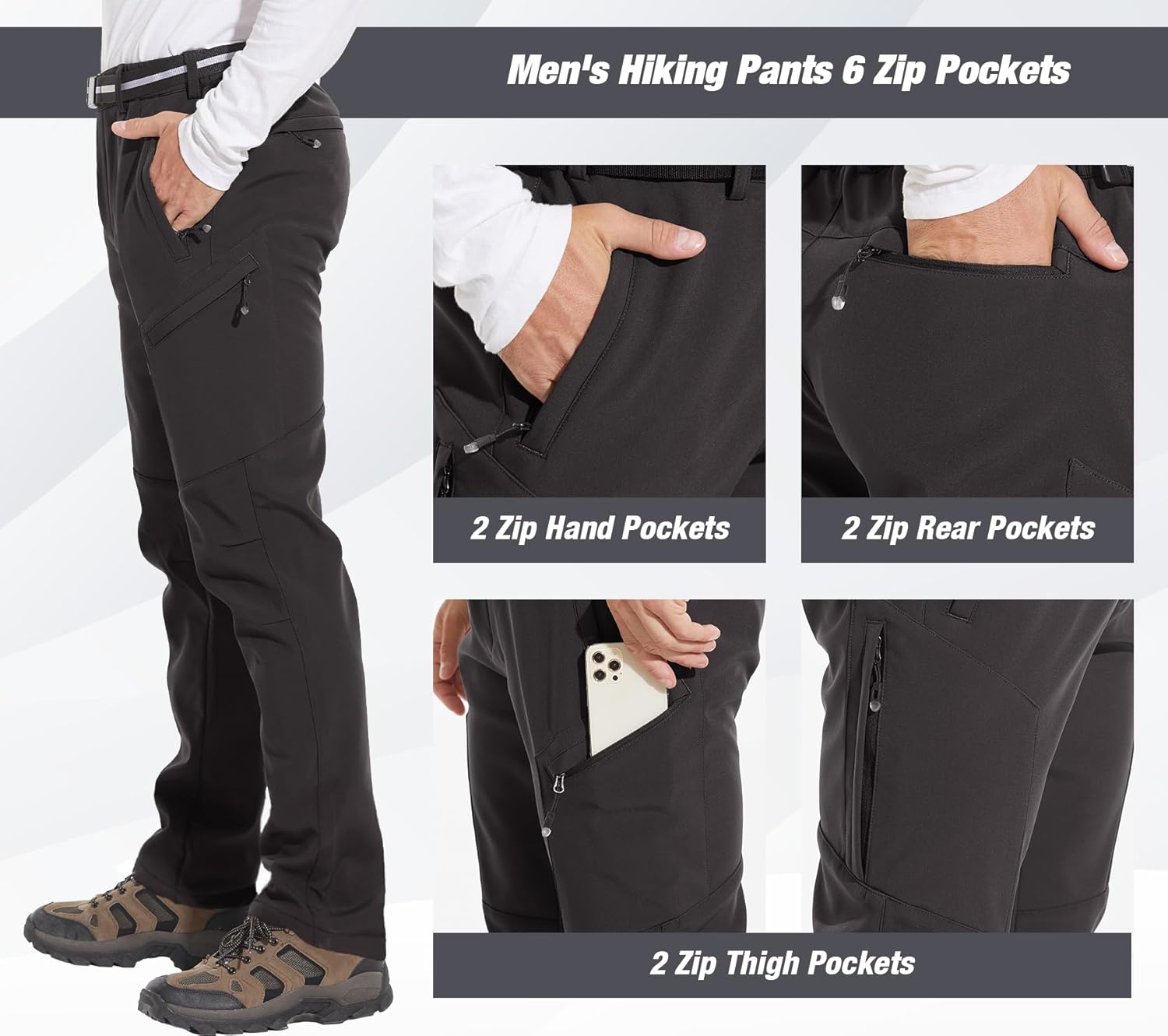 MOURCE Men's Fleece Lined Snow Hiking Pants Water Resistant,Insulated Winter Ski Pants 6 Zip Pockets and Belt - Image 2