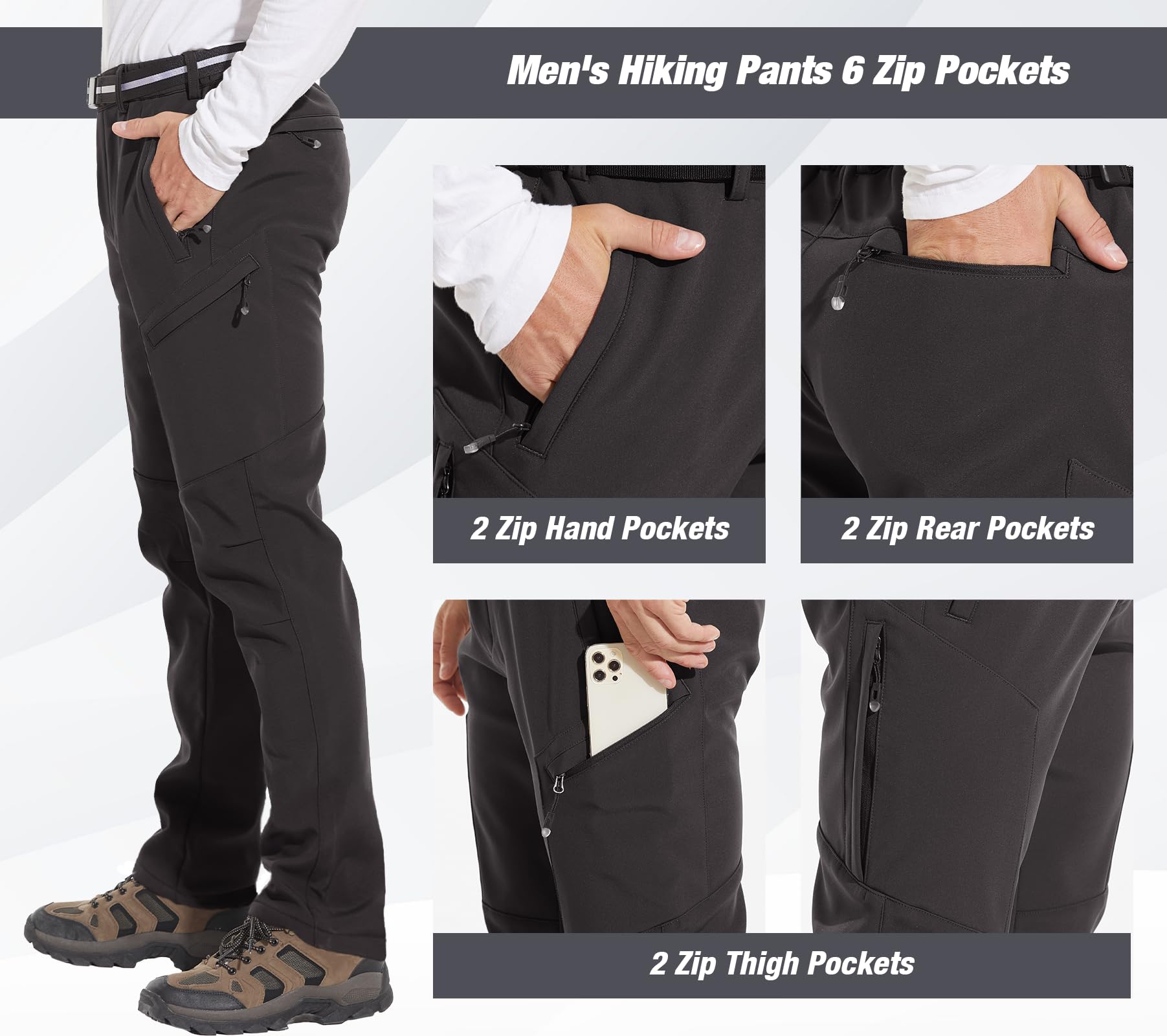 MOURCE Pantalon de randonnée doublé en polaire pour homme résistant à l'eau, pantalon de ski isolé, 6 poches à fermeture éclair et ceinture