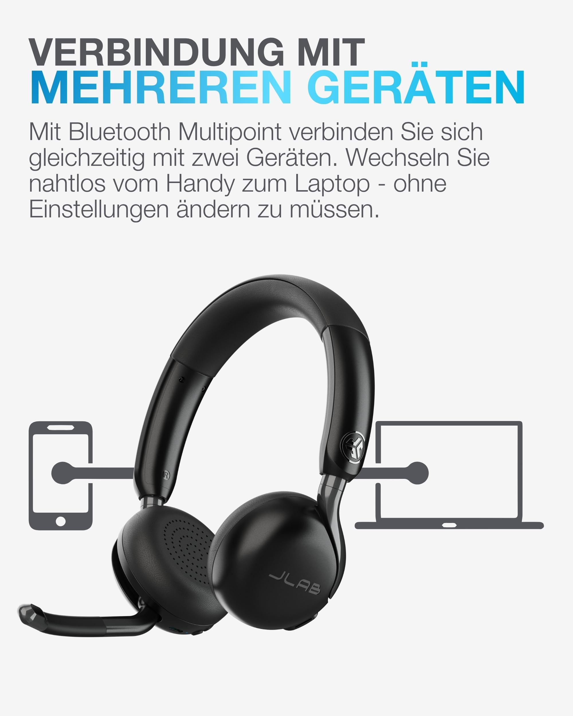 JLab Go Work 3 Bluetooth Headset mit Mikrofon - 70+ h Akkulaufzeit, USB-C Dongle, Geräuschunterdrückung, Multipoint Business Headset für Büro, Laptop & PC, On-Ear Kopfhörer kabellos
