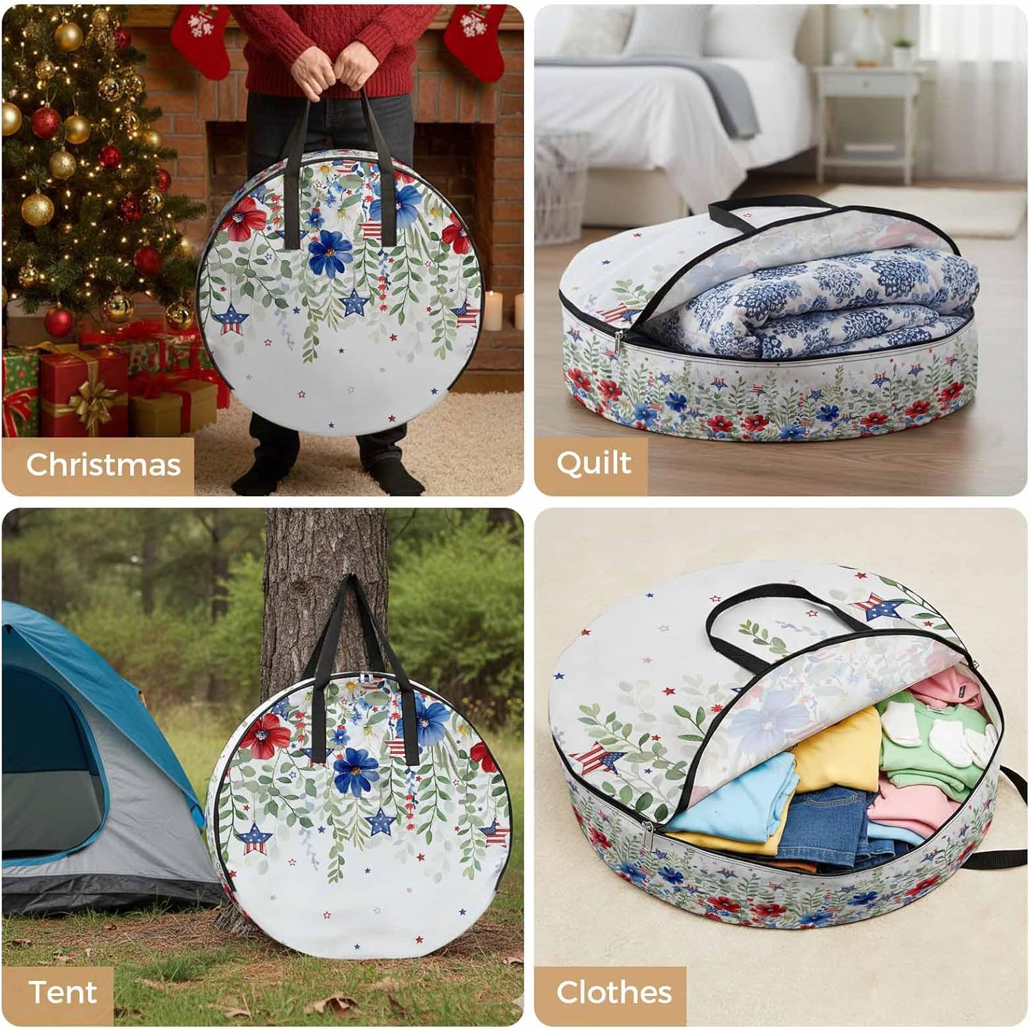 Independence Day Patriotic USA Flag Round Storage Bag 36 Inch, Red Blue Flowers Clothes Storage Container with Handles Heavy Duty Organizer for Comforter, Bedding & Holiday Wreaths