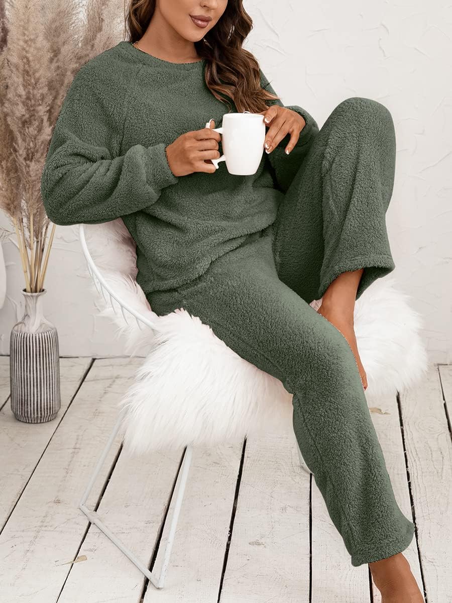 Generisch Ensemble pyjama pour femme en polaire à manches longues - Pyjama deux pièces pour l'hiver - Vêtement de nuit chaud avec pantalon de pyjama et haut