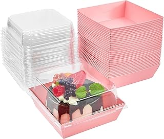 LATERN 50Pcs Cake Slice Boxes with Clear Lids, 12CM Oil-Proof Paper Charcuterie Boxes Dessert Boxes Food Containers Cupcake Boxes Takeaway Boxes for Bakery Macaron Sandwich Cookies (Pink)