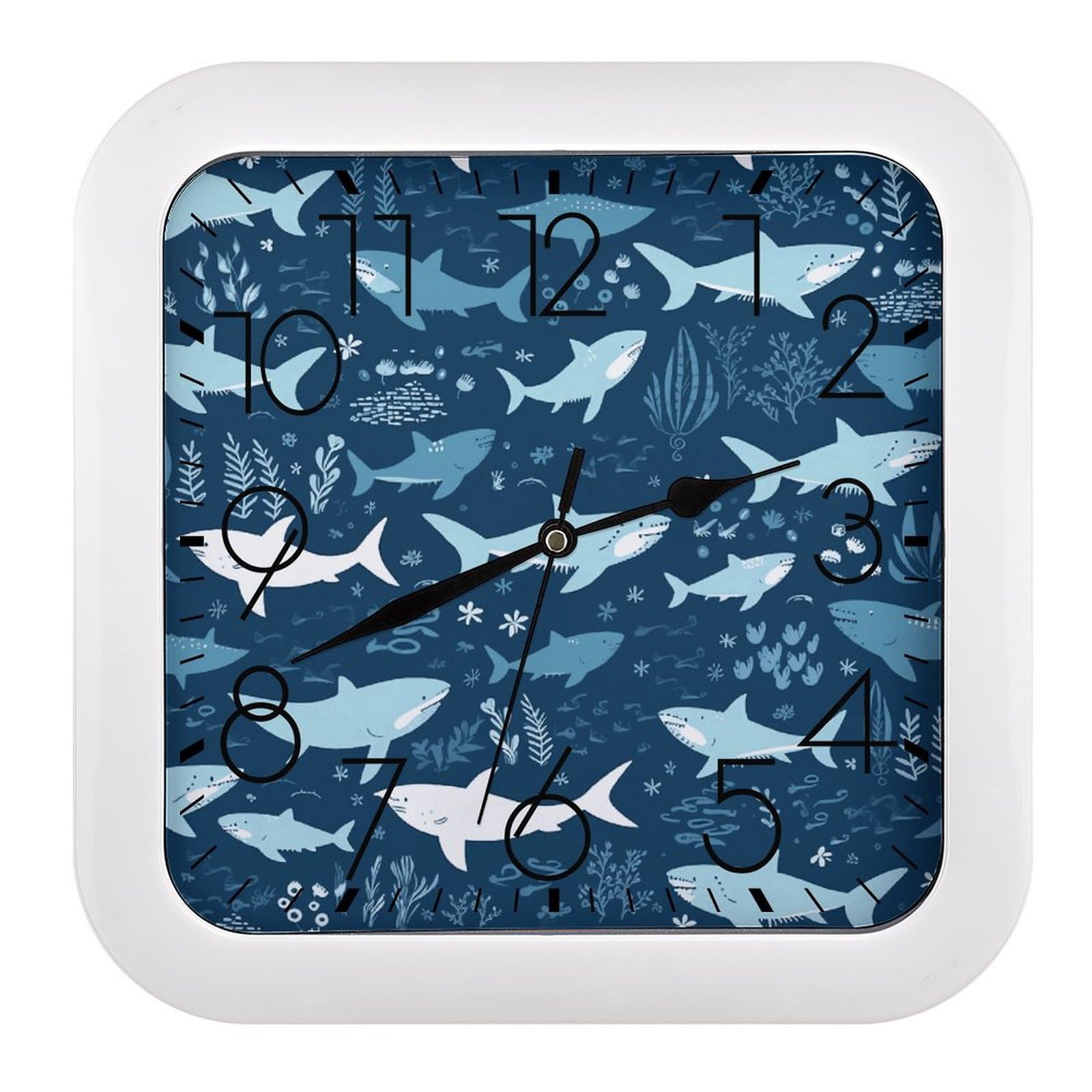 LDGSUPH Sharks Wall Clock Silent Non-Ticking Modern Clock Personalized Vintage Square Clocks for Travel Office Kitchen Home Decorative Clocks 10.2 Inch