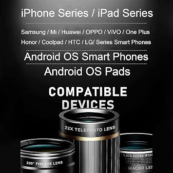 Phone Camera Lens Kit Upgraded Version Includes 22X Telephoto Lens, 205 Fisheye Lens, 0.67X Wide Angle Lens, 25X Macro Lens, Clip & Mini Tripod for iPhone and Android Phones