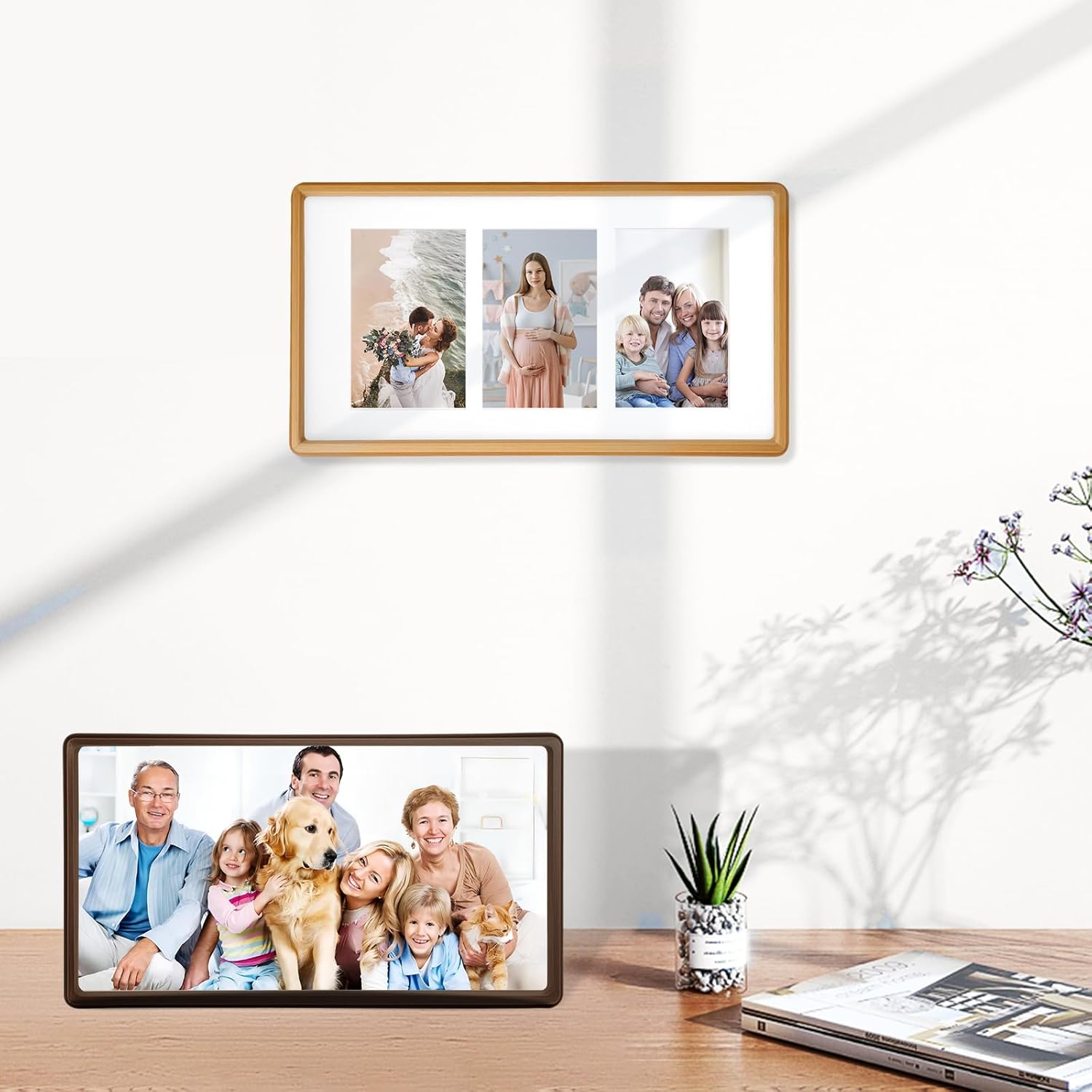 8x14 Collage Picture Frame Natural Teak Solid Wood, 4x6 Collage Photo Frame Displays 3 Photos or 8x14 (Without Mat), Wooden Frame for Tabletop or Wall Mounting Display