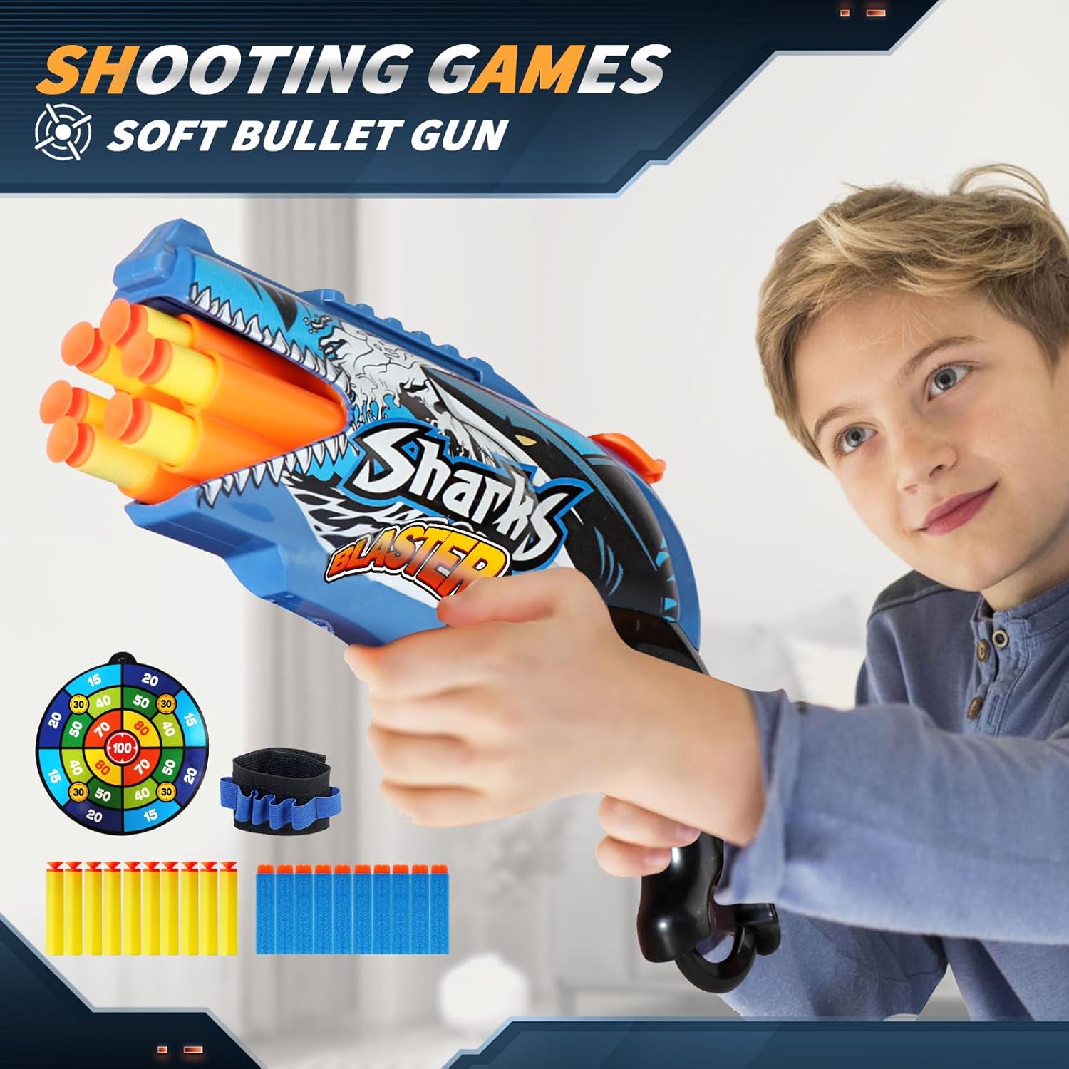 2 Pack Shark Graffiti Toys Foam Blaster with 80 Soft Bullets, Boys Toy Blaster, 6-Dart Rotating Drum Pistol Toy, Foam Dart Blaster Shooting Game, Kids Activity Dart Toys, Birthday