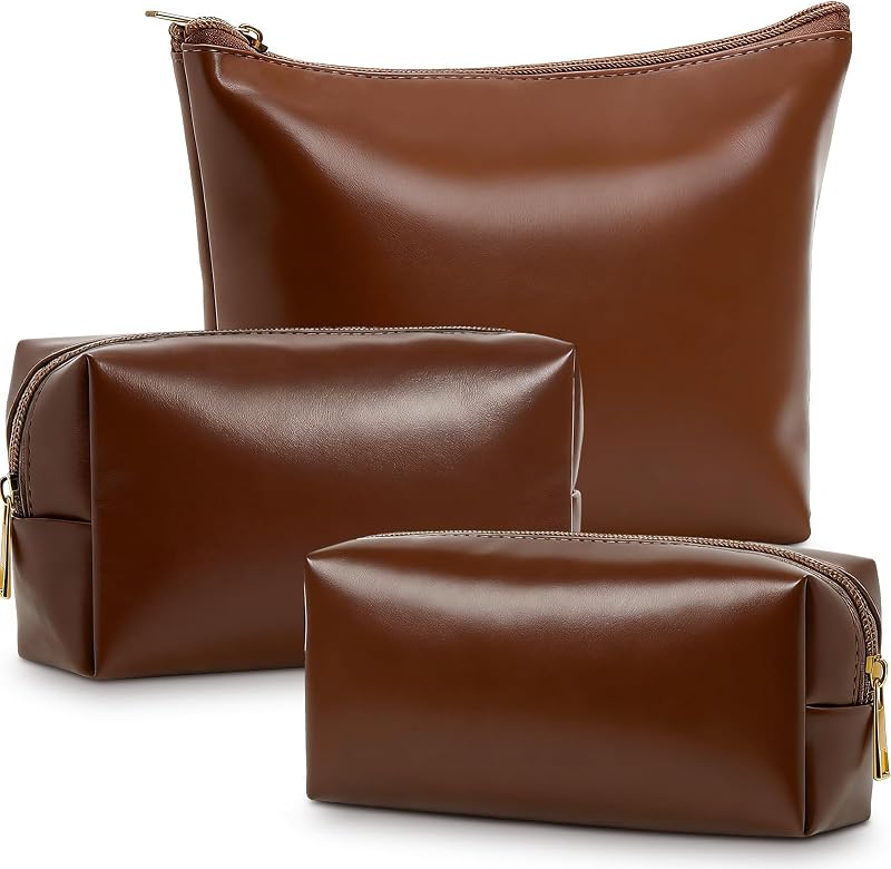 Kigeli Conjunto com 3 necessaires de maquiagem em couro sintético, marrom