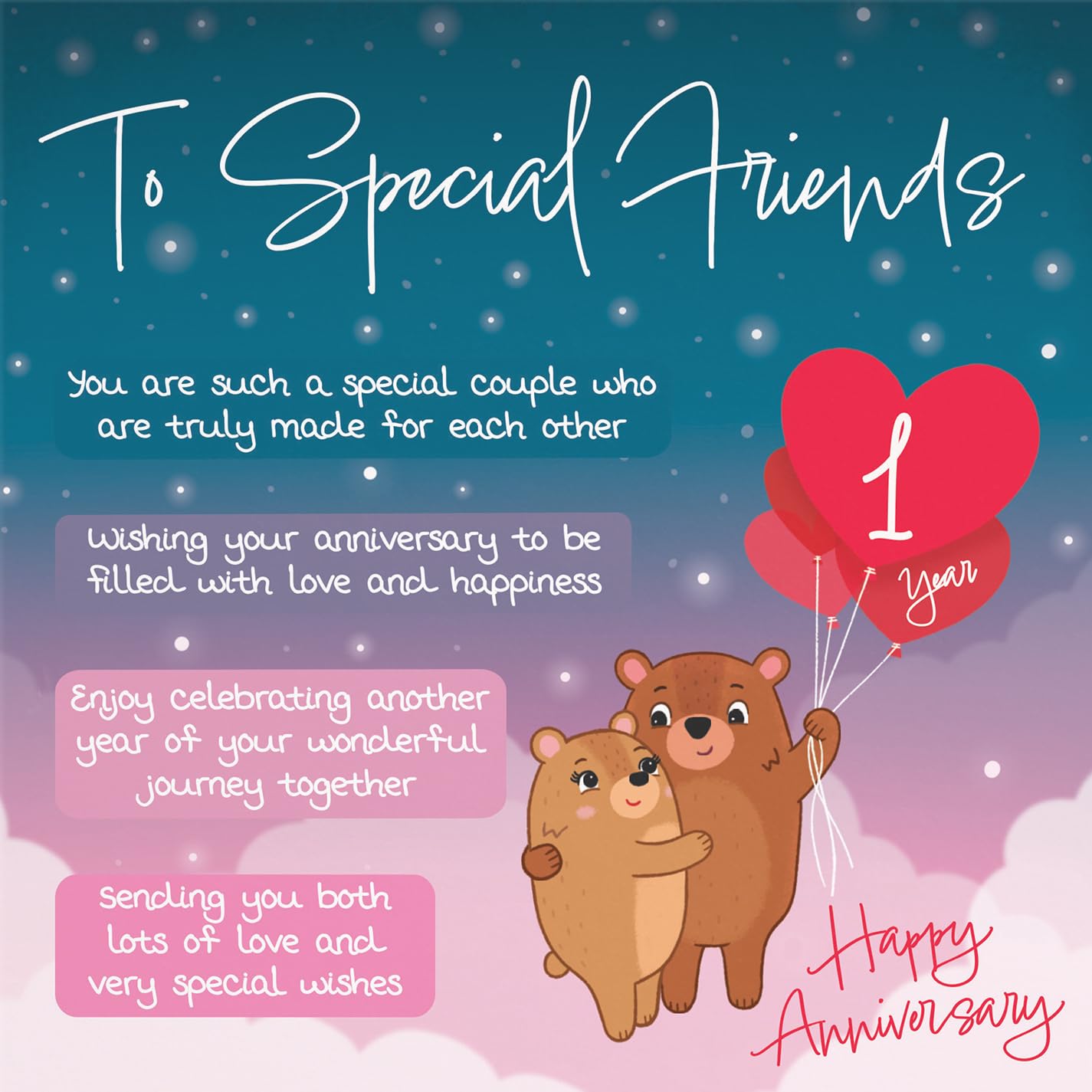 Hunts England, Special Friends 1st Anniversary Card, Starry Night, Cute Bears, Verse 1st Anniversary Card For Special Friends - Image 2